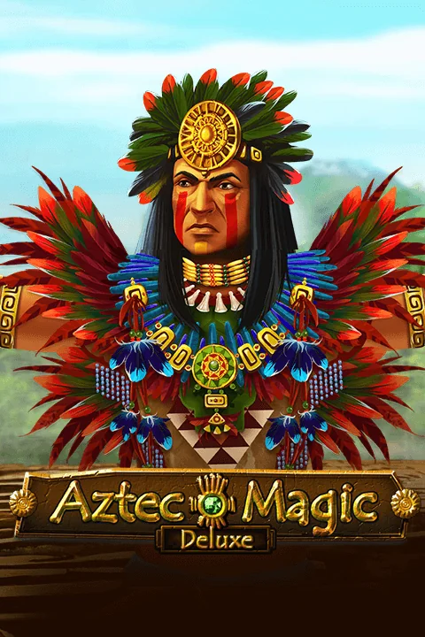 An illustration of an Aztec warrior with a colorful feathered headdress and face paint, above the game title 'Aztec Magic Deluxe'.